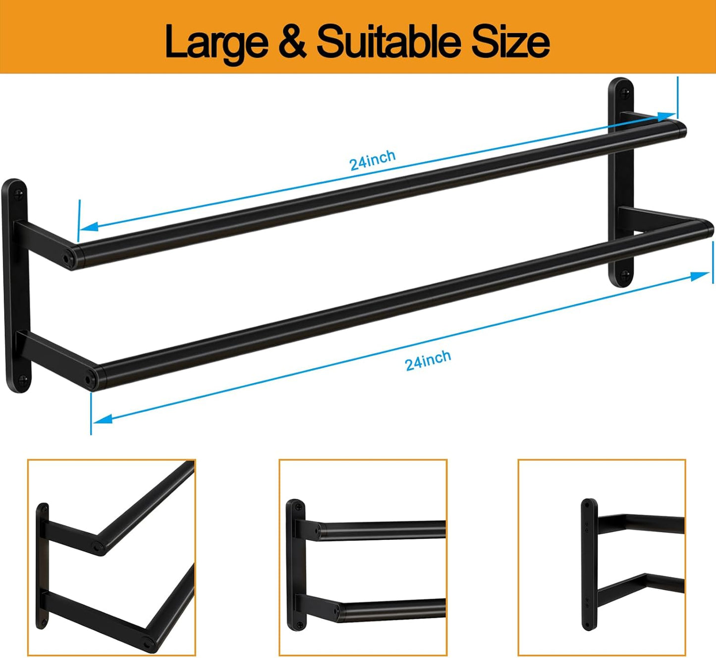 Double Towel Bar, 24Inch Towel Rack for Bathroom, Stainless Steel Double Bath Towel Bar, Wall Mounted Towel Holder, Double Towel Rod Towel Rail Hanger for Wall, Kitchen (Matte Black)