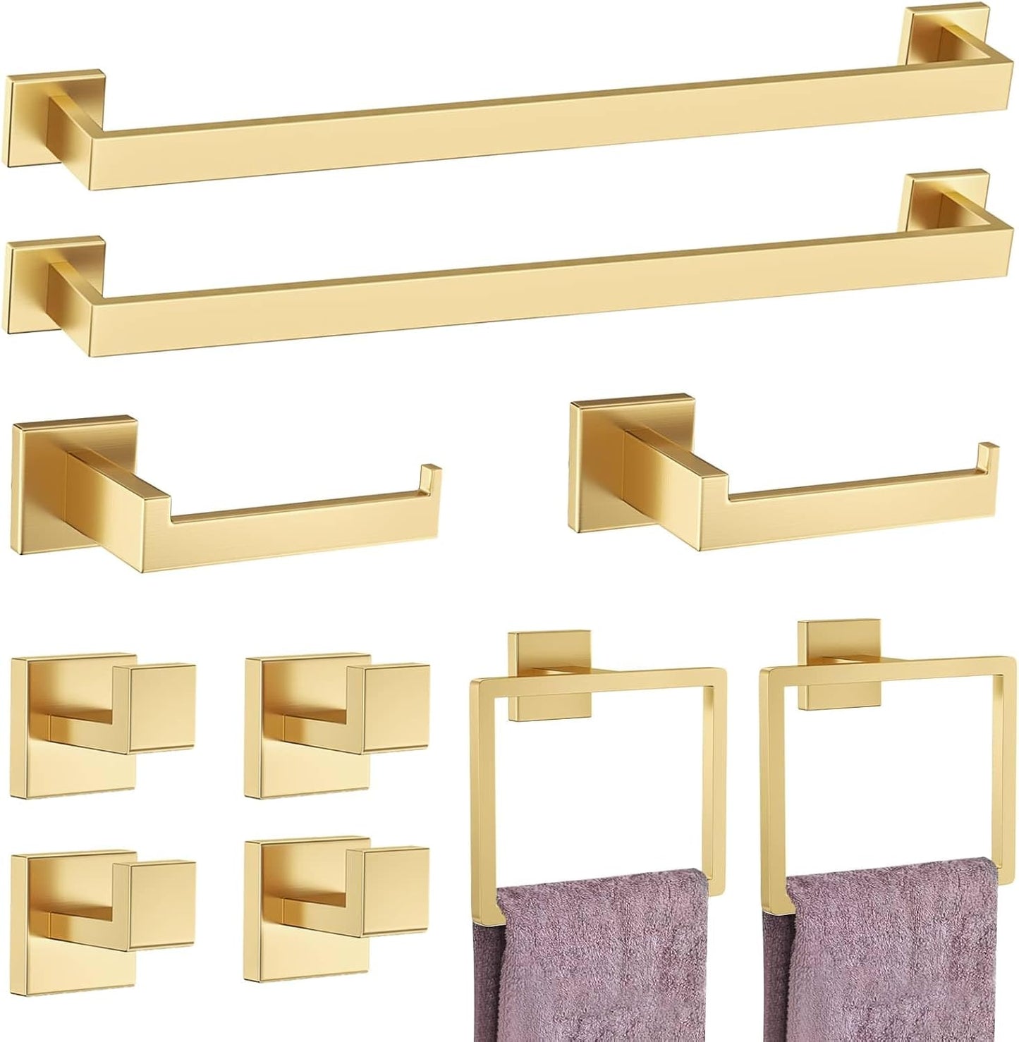 10-Piece Brushed Gold Bathroom Hardware Set Gold Towel Bar Set,Towel Holder/Rack for Bathroom,Stainless Steel Wall-Mounted 23.6 Inch Bathroom Accessories Set