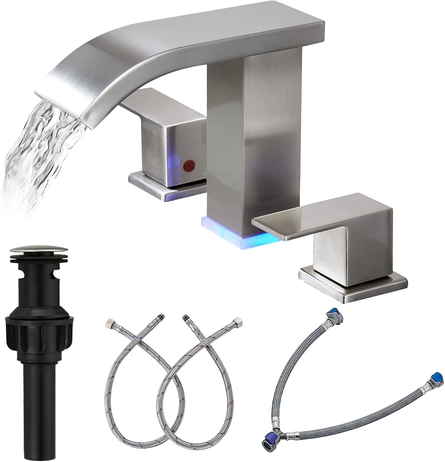 Bathroom Faucets 8 Inch Widespread Bathroom Sink Faucet Two Handles Black Bathroom Faucet 3 Hole Waterfall Vanity Sink Faucet for 3 Hole with LED Light with Pop Up Drain