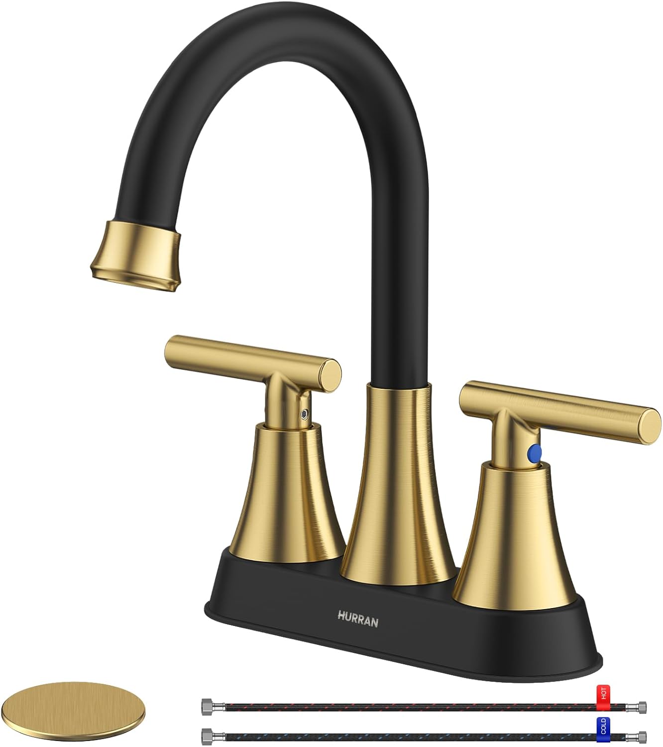 Bathroom Faucets for Sink 3 Hole, Hurran 4 inch Matte Black with Pop-up Drain and 2 Supply Hoses, Stainless Steel Lead-Free 2-Handle Centerset Faucet for Sink Vanity