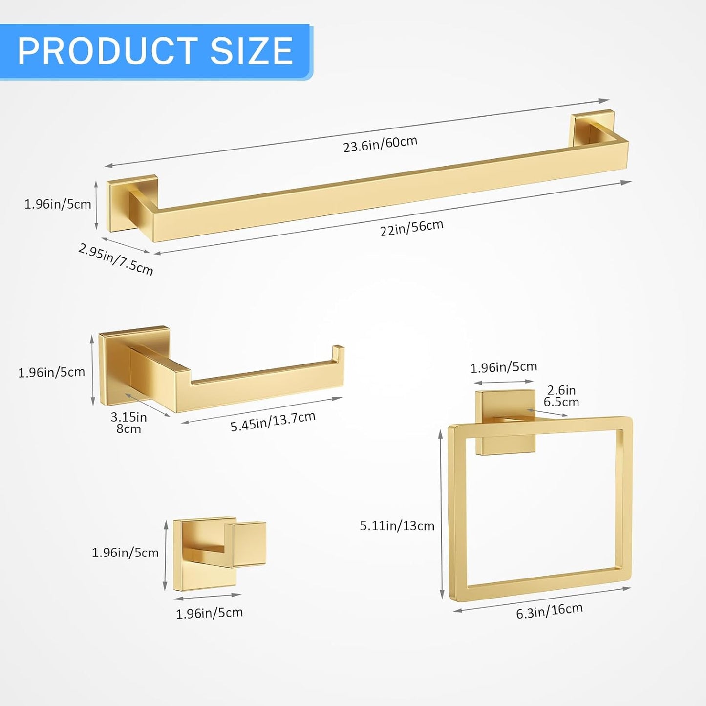 10-Piece Brushed Gold Bathroom Hardware Set Gold Towel Bar Set,Towel Holder/Rack for Bathroom,Stainless Steel Wall-Mounted 23.6 Inch Bathroom Accessories Set