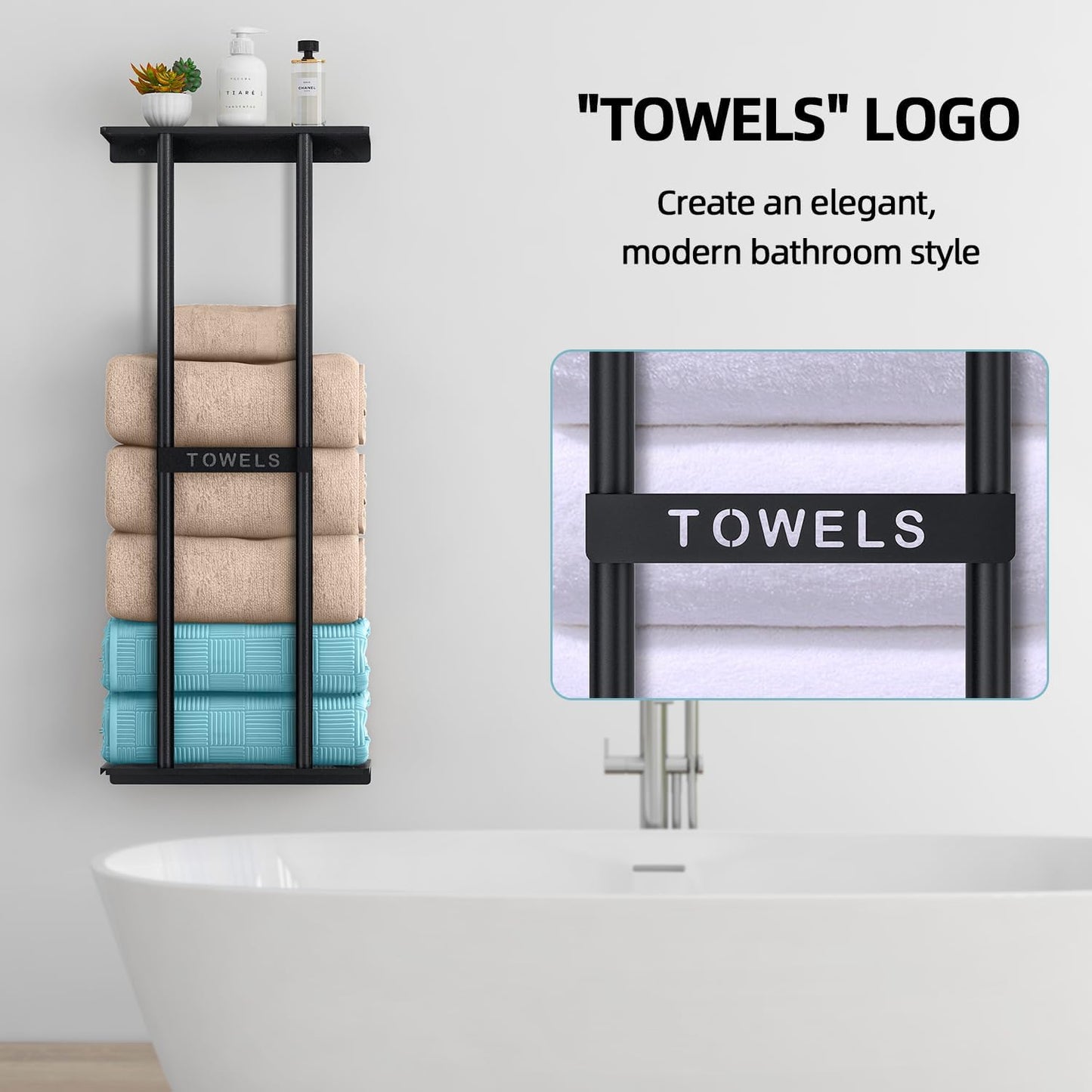 Bathroom Towel Storage Rack, Towel Racks for Bathroom Wall Mounted 30 inch with Shelf Can Holds 6 Large Towels, Wall Towel Rack for Rolled Towels, Black