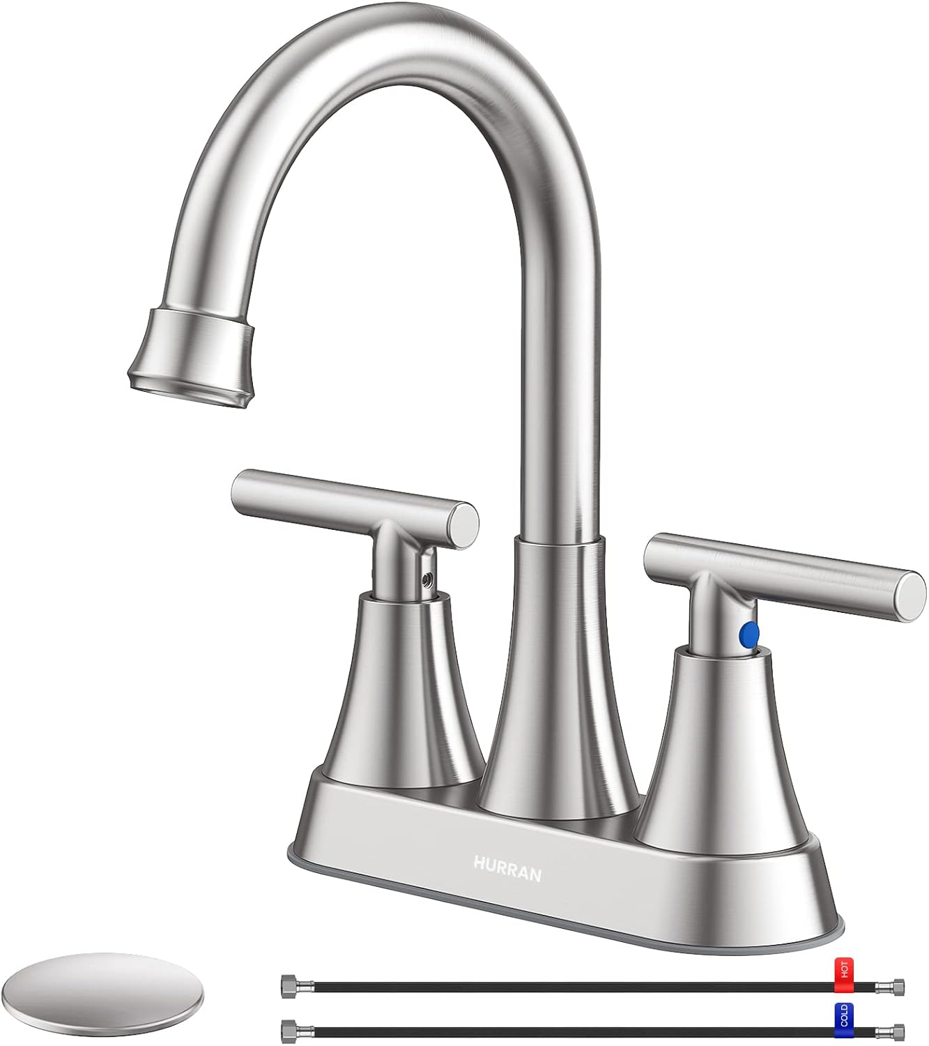 Bathroom Faucets for Sink 3 Hole, Hurran 4 inch Matte Black with Pop-up Drain and 2 Supply Hoses, Stainless Steel Lead-Free 2-Handle Centerset Faucet for Sink Vanity