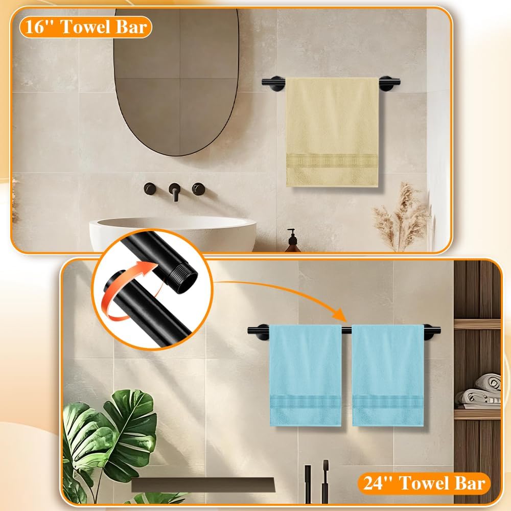 Matte Black 8-Piece Bathroom Hardware Set Stainless Steel, 24in and 16in Towel Bars Set Wall Mounted Bathroom Accessories