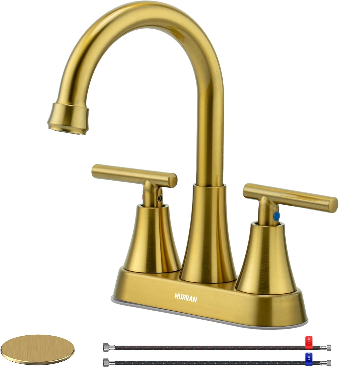 Bathroom Faucets for Sink 3 Hole, Hurran 4 inch Matte Black with Pop-up Drain and 2 Supply Hoses, Stainless Steel Lead-Free 2-Handle Centerset Faucet for Sink Vanity