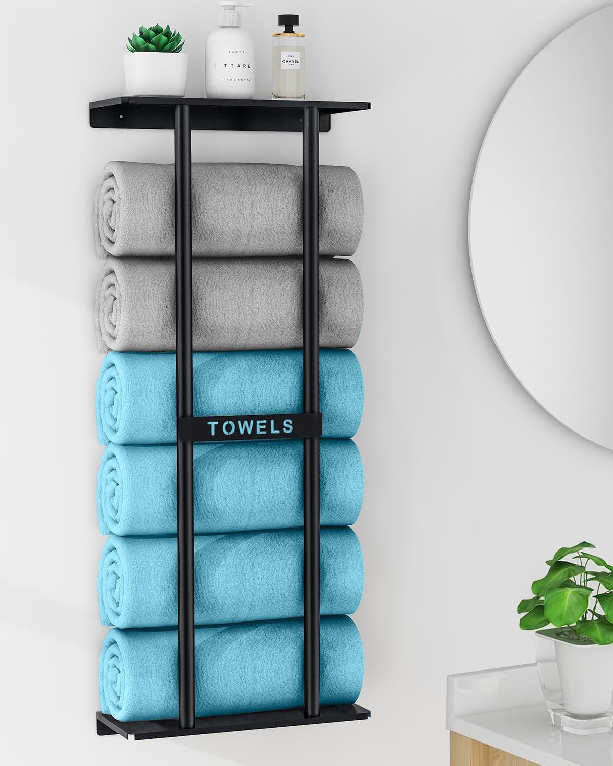 Bathroom Towel Storage Rack, Towel Racks for Bathroom Wall Mounted 30 inch with Shelf Can Holds 6 Large Towels, Wall Towel Rack for Rolled Towels, Black
