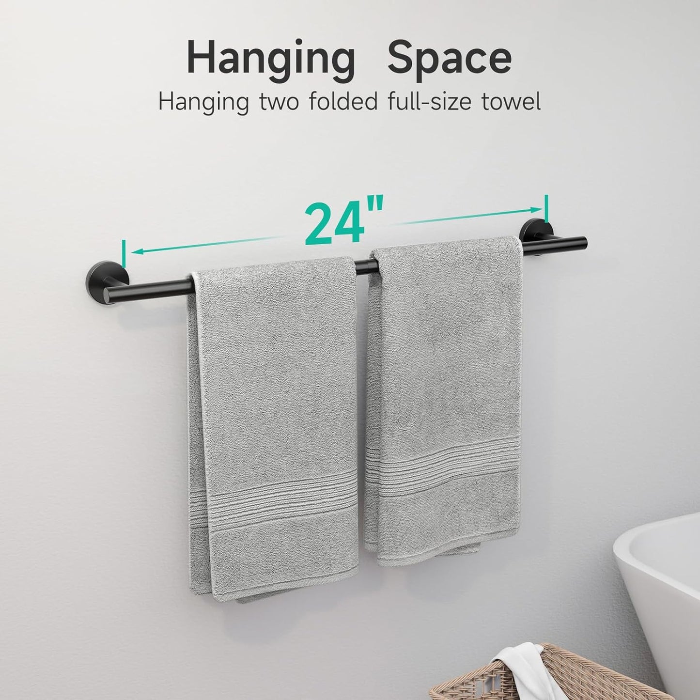 USHOWER Matte Black Towel Bar, 24-Inch Towel Rack for Bathroom Wall Mounted, Thicken SUS304 Stainless Steel Towel Rod Modern Home Decor (Total Length 26-Inch)
