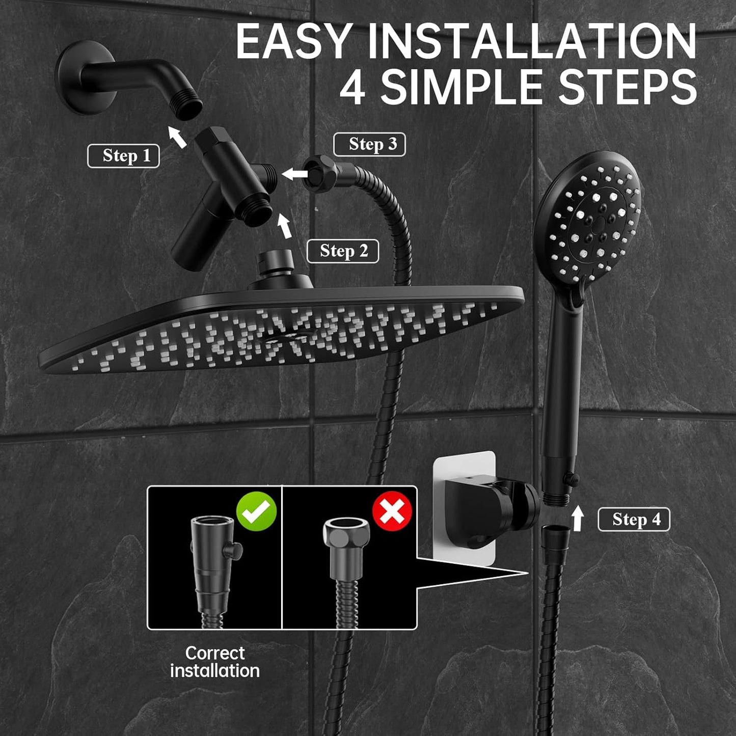 Veken 11.8 Inch Rain Shower Head with Handheld- High Pressure Dual Shower Heads with 5 Modes Handheld Spray Combo- Wide Rainfall Showerhead with Hose, Bathroom Accessories, Matte Black