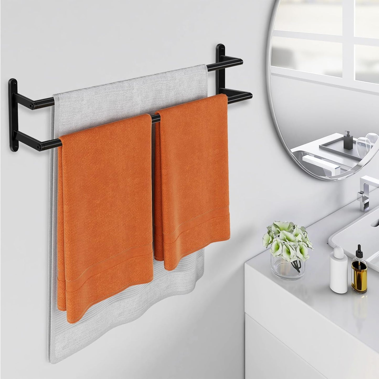 Double Towel Bar, 24Inch Towel Rack for Bathroom, Stainless Steel Double Bath Towel Bar, Wall Mounted Towel Holder, Double Towel Rod Towel Rail Hanger for Wall, Kitchen (Matte Black)