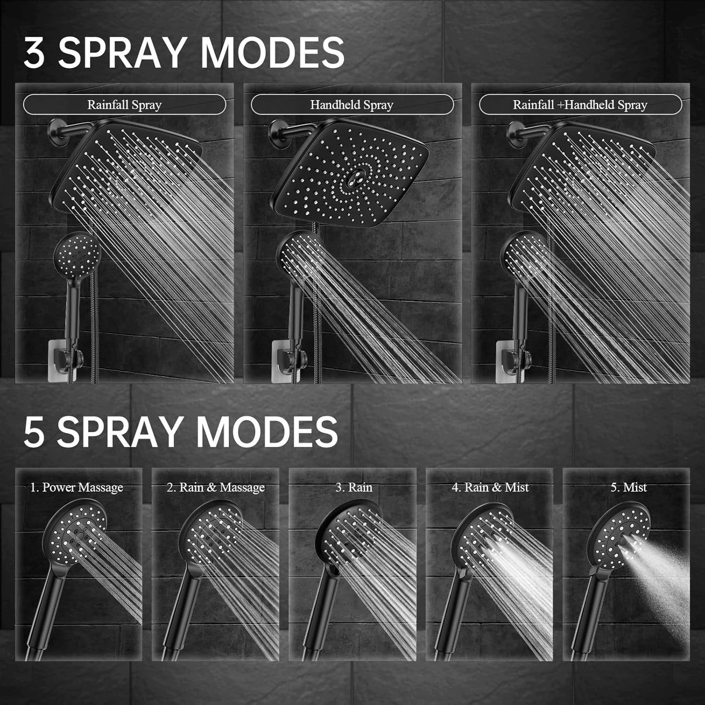 Veken 11.8 Inch Rain Shower Head with Handheld- High Pressure Dual Shower Heads with 5 Modes Handheld Spray Combo- Wide Rainfall Showerhead with Hose, Bathroom Accessories, Matte Black