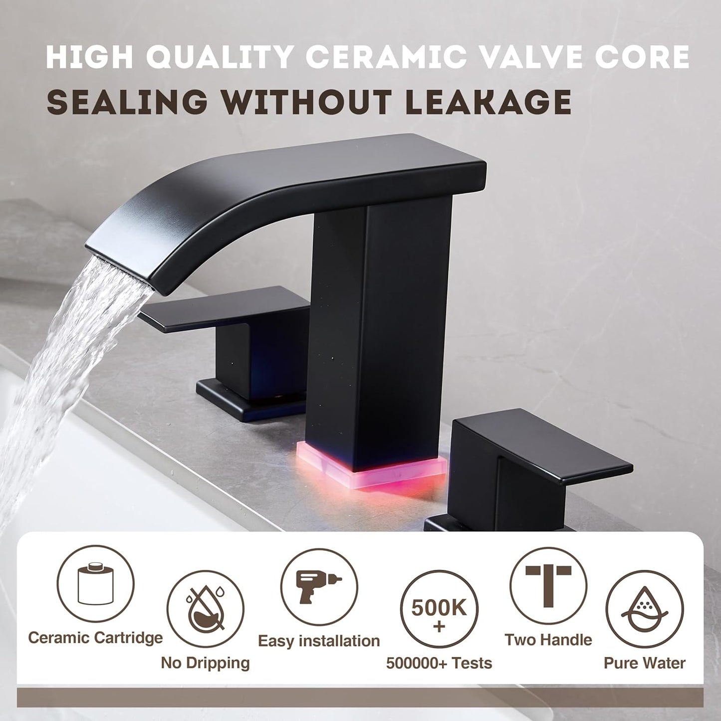 Bathroom Faucets 8 Inch Widespread Bathroom Sink Faucet Two Handles Black Bathroom Faucet 3 Hole Waterfall Vanity Sink Faucet for 3 Hole with LED Light with Pop Up Drain