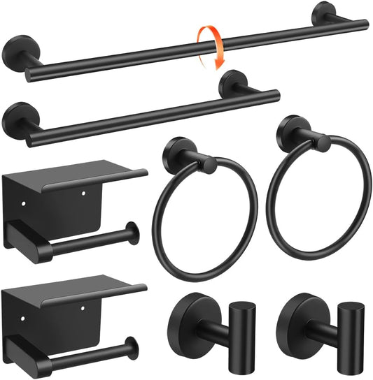 Matte Black 8-Piece Bathroom Hardware Set Stainless Steel, 24in and 16in Towel Bars Set Wall Mounted Bathroom Accessories