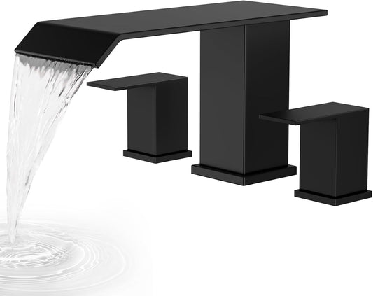 Widespread Waterfall Roman Bathtub Faucet Tub Filler, 2 Handle Deck Mount Tub Faucet Set High Flow, Solid Stainless Steel Soaking Tub Faucet 3 Hole Bathtub Faucets, Matte Black