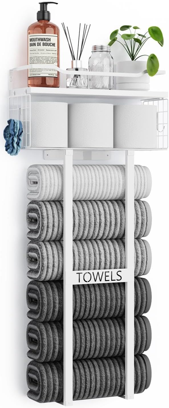 Towel Racks for Bathroom 31inch Wall Mounted Towel Rack,Floating Shelf with Wood Plank,Towel Storage for Bathroom can Holds 6 Large Rolled Towels,All Black