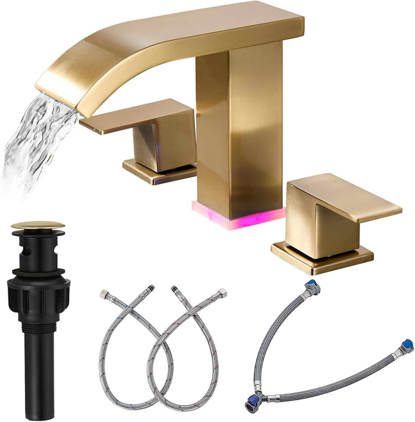 Bathroom Faucets 8 Inch Widespread Bathroom Sink Faucet Two Handles Black Bathroom Faucet 3 Hole Waterfall Vanity Sink Faucet for 3 Hole with LED Light with Pop Up Drain