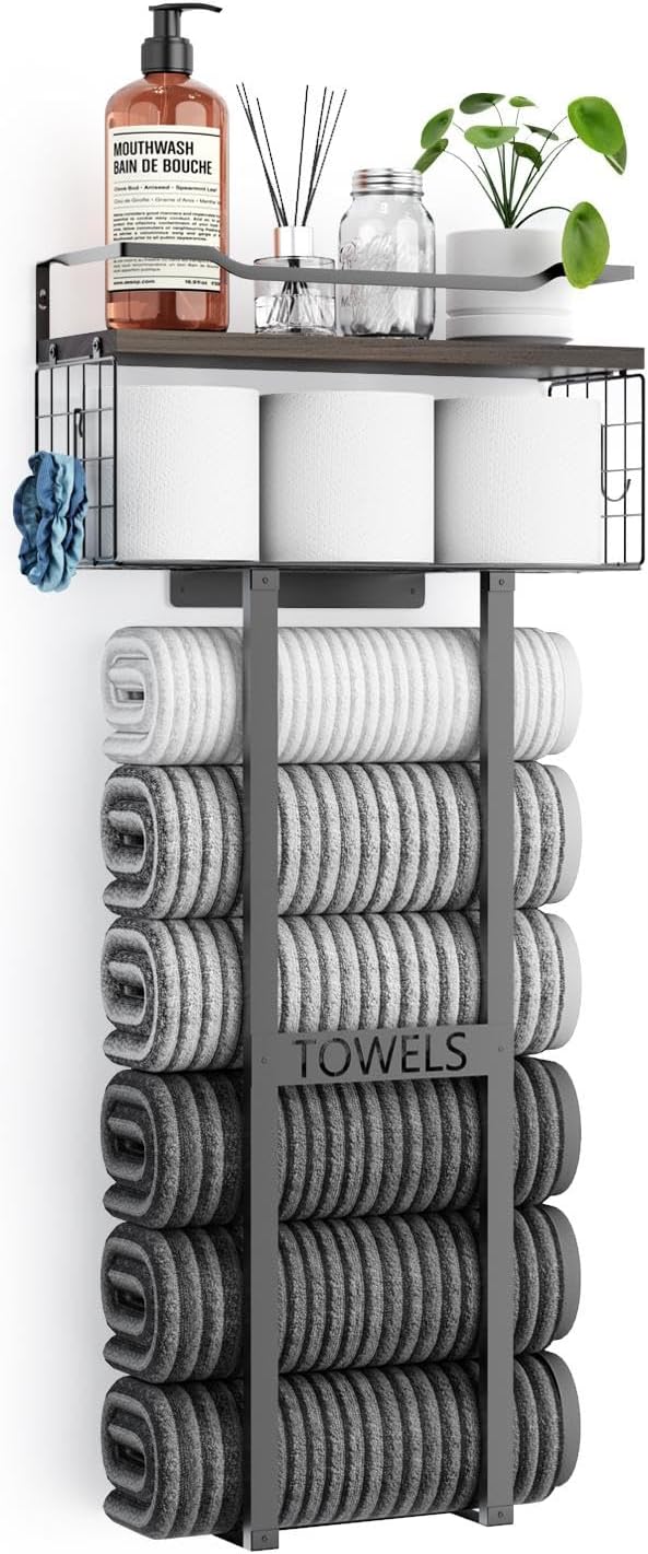 Towel Racks for Bathroom 31inch Wall Mounted Towel Rack,Floating Shelf with Wood Plank,Towel Storage for Bathroom can Holds 6 Large Rolled Towels,All Black