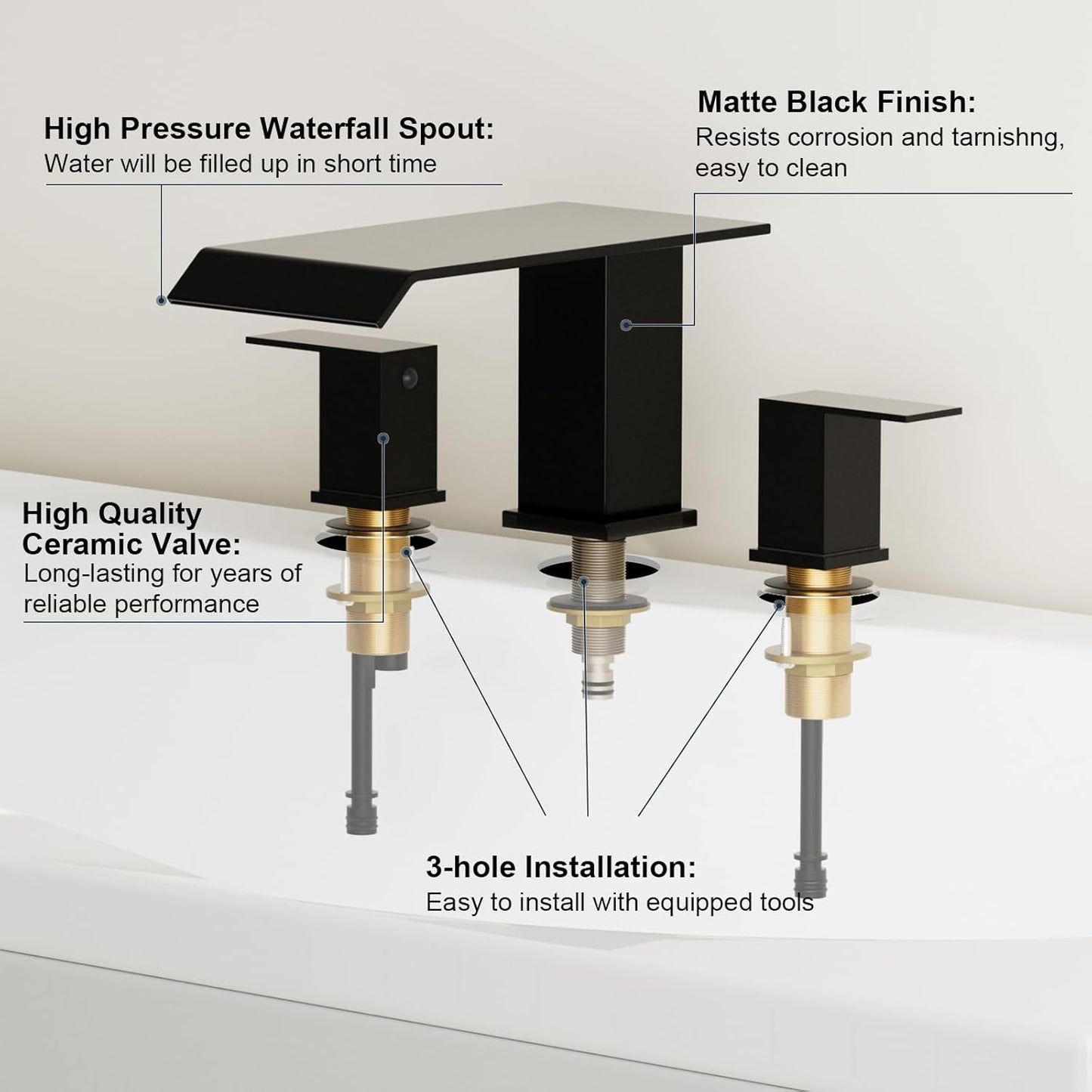 Widespread Waterfall Roman Bathtub Faucet Tub Filler, 2 Handle Deck Mount Tub Faucet Set High Flow, Solid Stainless Steel Soaking Tub Faucet 3 Hole Bathtub Faucets, Matte Black
