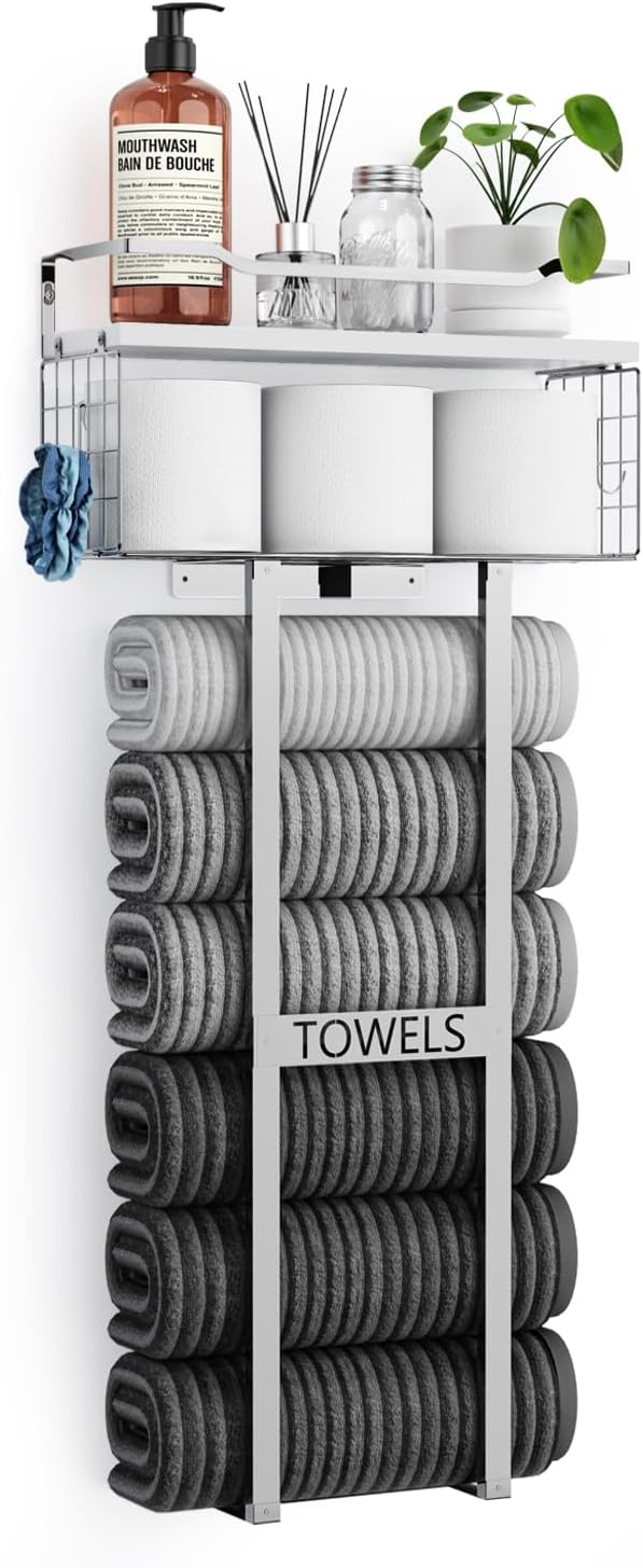 Towel Racks for Bathroom 31inch Wall Mounted Towel Rack,Floating Shelf with Wood Plank,Towel Storage for Bathroom can Holds 6 Large Rolled Towels,All Black