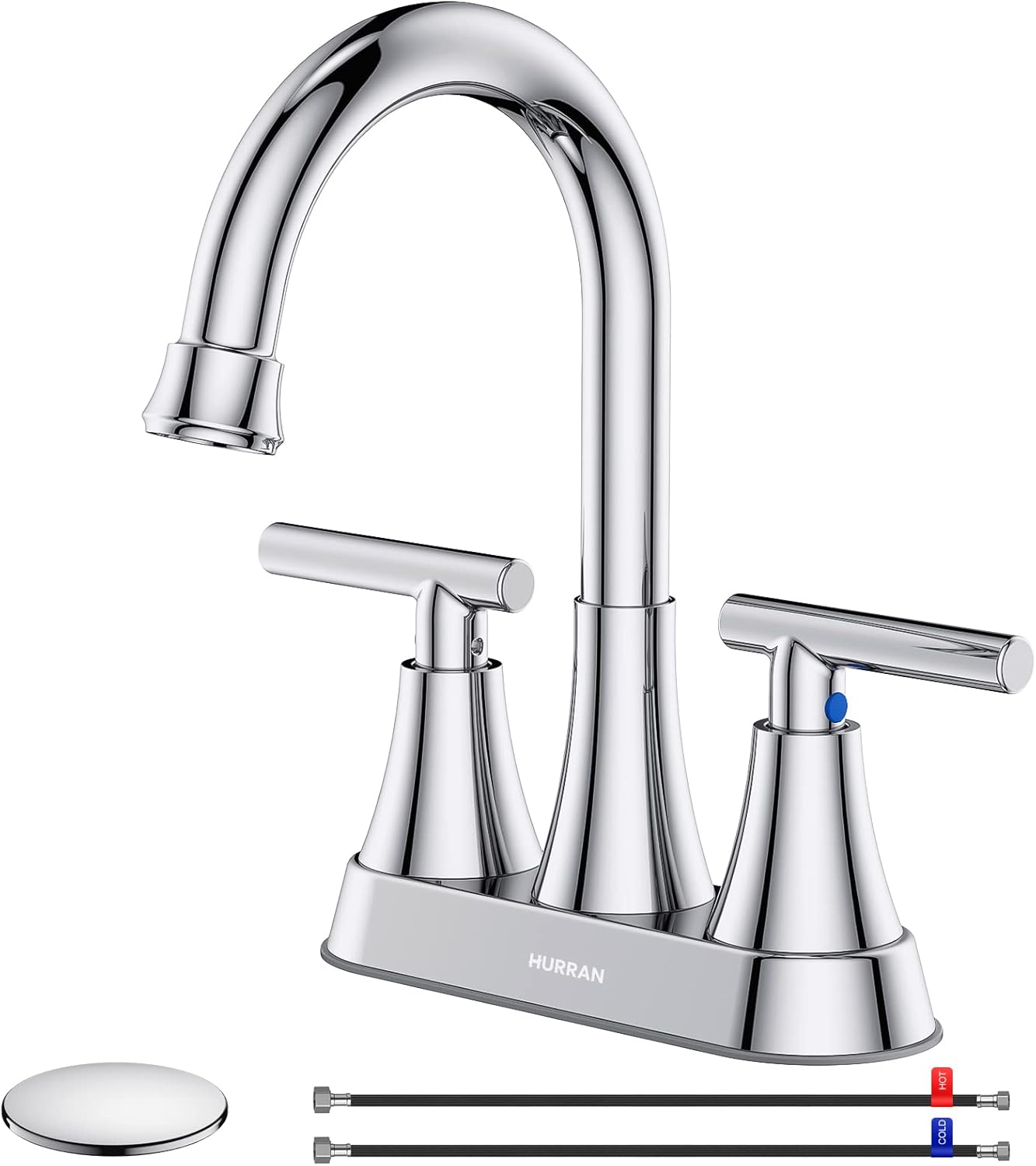 Bathroom Faucets for Sink 3 Hole, Hurran 4 inch Matte Black with Pop-up Drain and 2 Supply Hoses, Stainless Steel Lead-Free 2-Handle Centerset Faucet for Sink Vanity