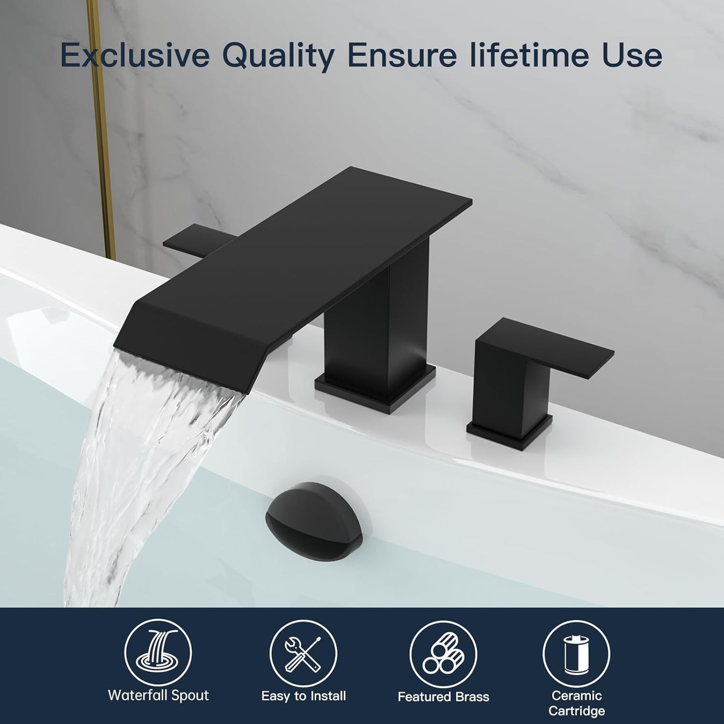 Widespread Waterfall Roman Bathtub Faucet Tub Filler, 2 Handle Deck Mount Tub Faucet Set High Flow, Solid Stainless Steel Soaking Tub Faucet 3 Hole Bathtub Faucets, Matte Black