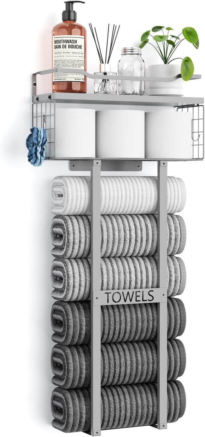Towel Racks for Bathroom 31inch Wall Mounted Towel Rack,Floating Shelf with Wood Plank,Towel Storage for Bathroom can Holds 6 Large Rolled Towels,All Black