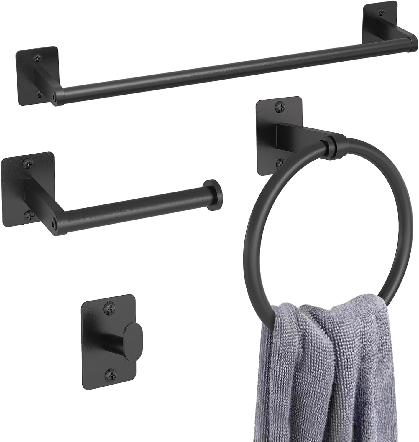 Matte Black Bathroom Accessories Set, KLJKPA 4 Pieces Bathroom Hardware Set, 24 inch Towel Bar, Towel Racks for Bathroom, Robe Towel Hooks, Toilet Paper Holder Wall Mounted