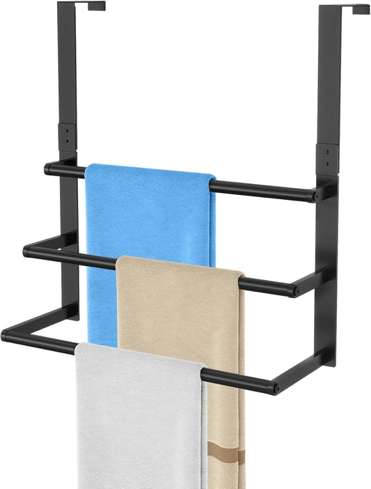 16Inch Over The Door Towel Rack, DOKU Stainless Steel Door Towel Hanger, Over Door Towel Holder with 3 Tier Towel Bars, Over Door Towel Storage for Bathroom, Matte Black