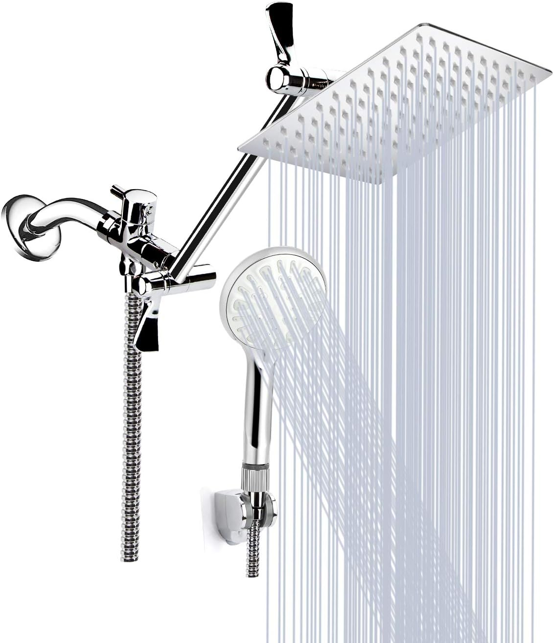 Shower Head, 8 Inch High Pressure Rainfall Shower Head/Handheld Shower Combo with 11 Inch Extension Arm, 9 Settings Adjustable Anti-leak Shower Head with Holder/Hose, Height/Angle Adjustable