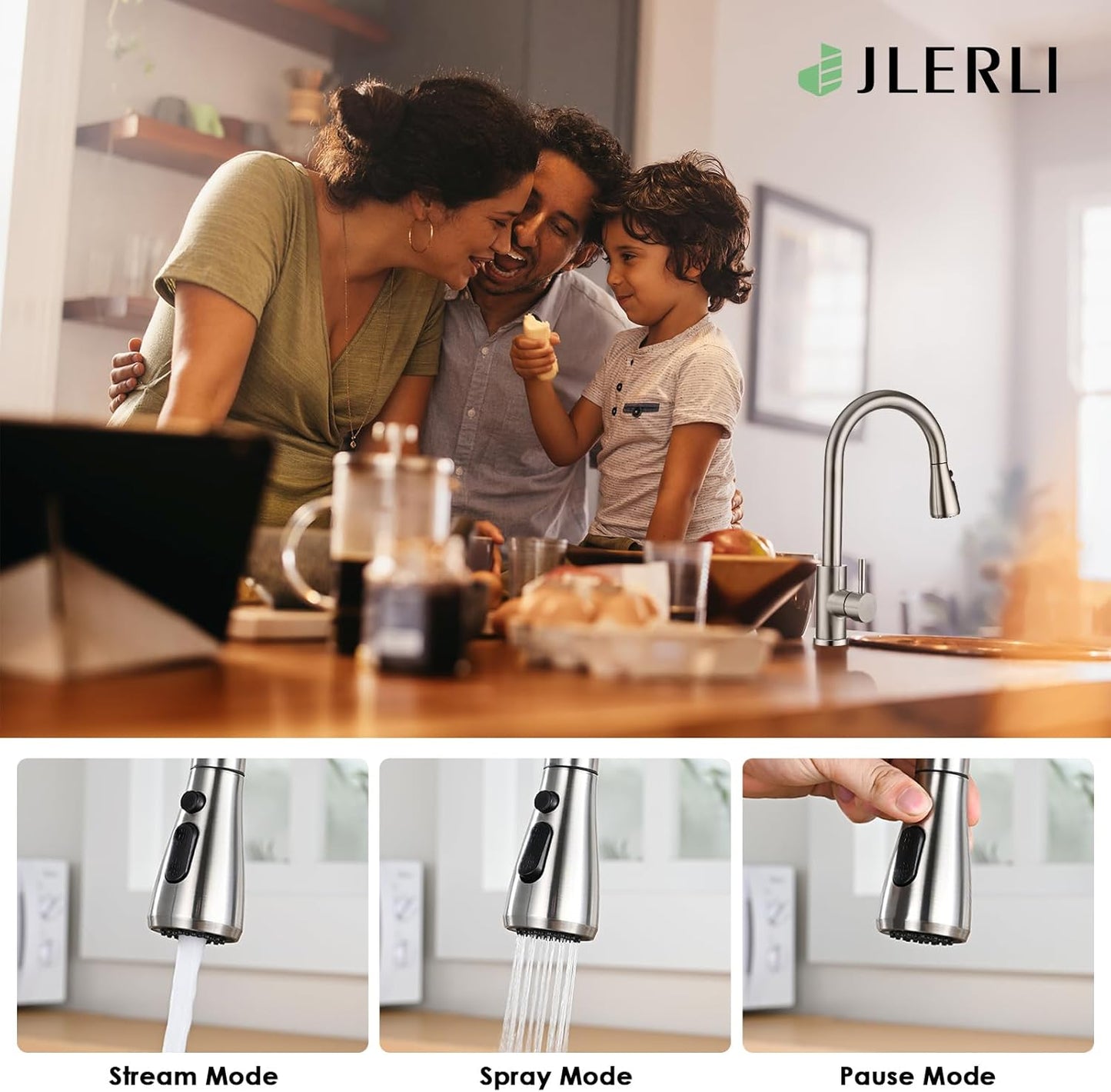 Kitchen Faucet with Pull Down Sprayer, High Arc Brushed Nickel Single Handle Kitchen Sink Faucet, Stainless Steel, 3 Mode(Stream/Spray/Pause), 360° Swivel, Grifos para Fregaderos de Cocina