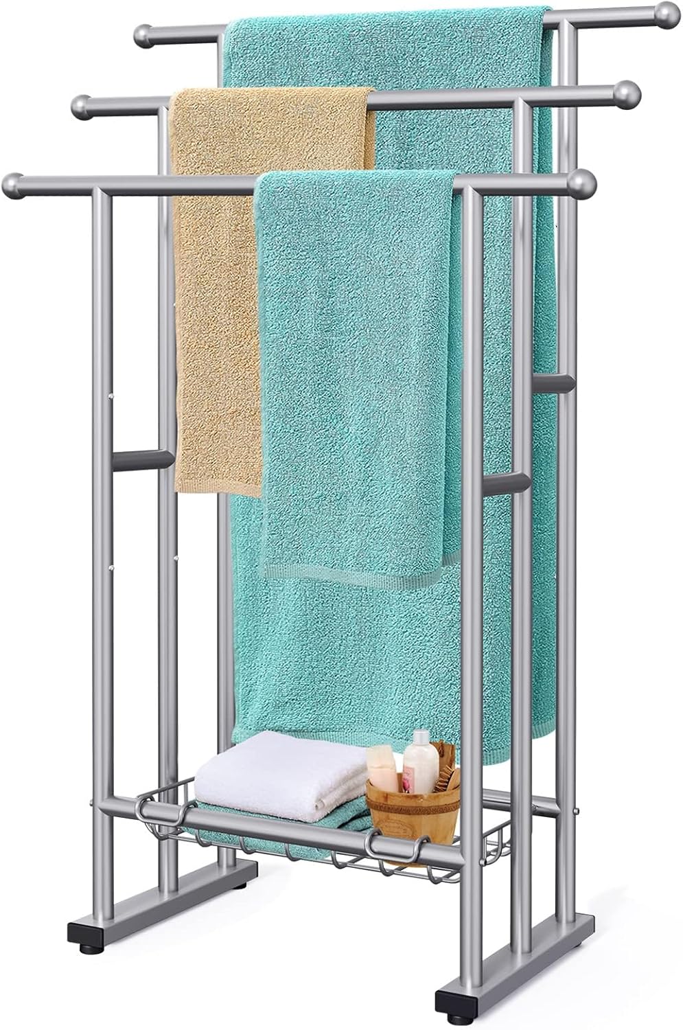 Kayfia 40" H Free Standing Towel Rack, 3 Tier Alloy Steel Stand with Basket, Blanket Drying and Display Rack for Oversized Bath Towels Bathroom Accessories, Next to Tub or Shower (Black)