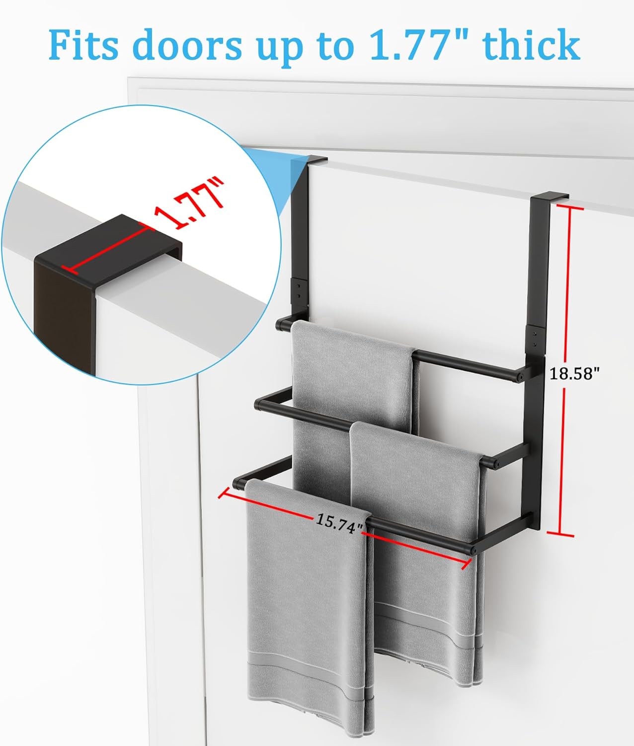 16Inch Over The Door Towel Rack, DOKU Stainless Steel Door Towel Hanger, Over Door Towel Holder with 3 Tier Towel Bars, Over Door Towel Storage for Bathroom, Matte Black