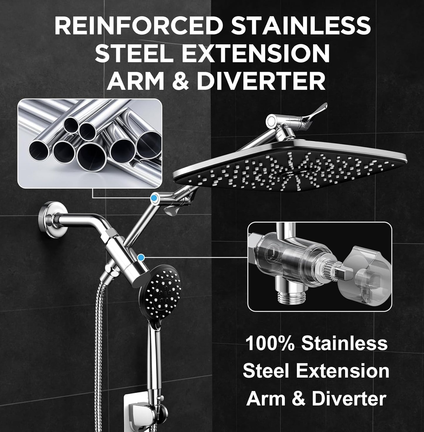 Veken Wide Rain Shower Head with 6 Modes Handheld Water Spray,High Pressure Showerhead Combo with Arm for Bathroom Accessories,Home Decor Detachable Dual Shower with Anti-Clog Nozzles,Silver Chrome