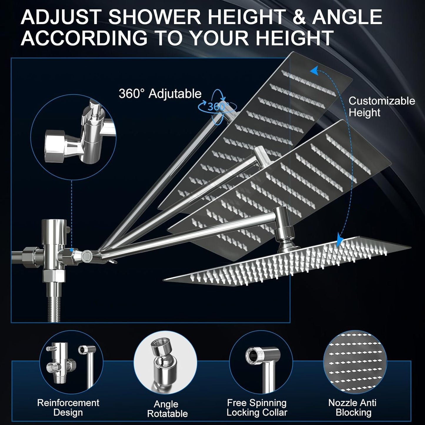 Shower Head, Rain Shower Head with Handheld Spray Combo, 10 Inch Adjustable High Pressure Rainfall Shower Head, Dual Showerhead Set with Extension Arm and 60 Inch Long Shower Hose (Silver)