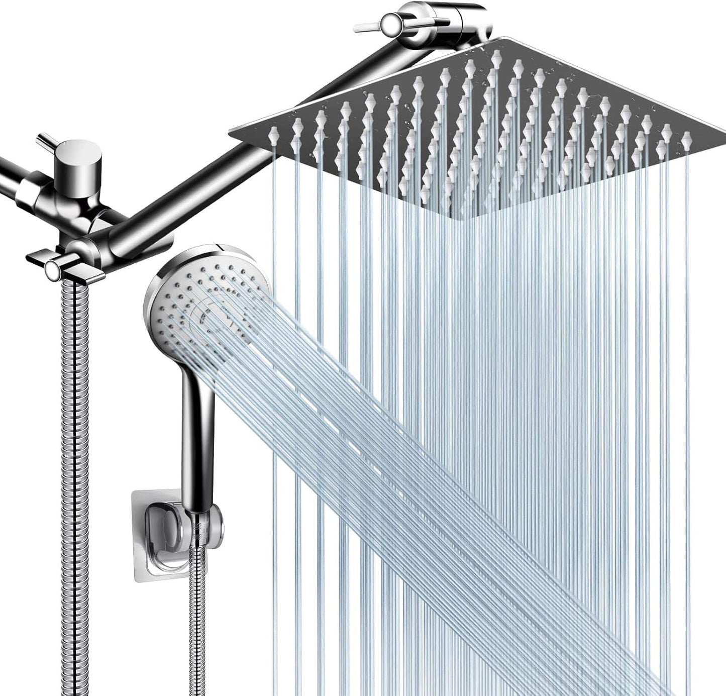 Shower Head Combo,10 Inch High Pressure Rain Shower Head with 11 Inch Adjustable Extension Arm and 5 Settings Handheld ,Powerful Shower Spray Against Low Pressure Water with Long Hose