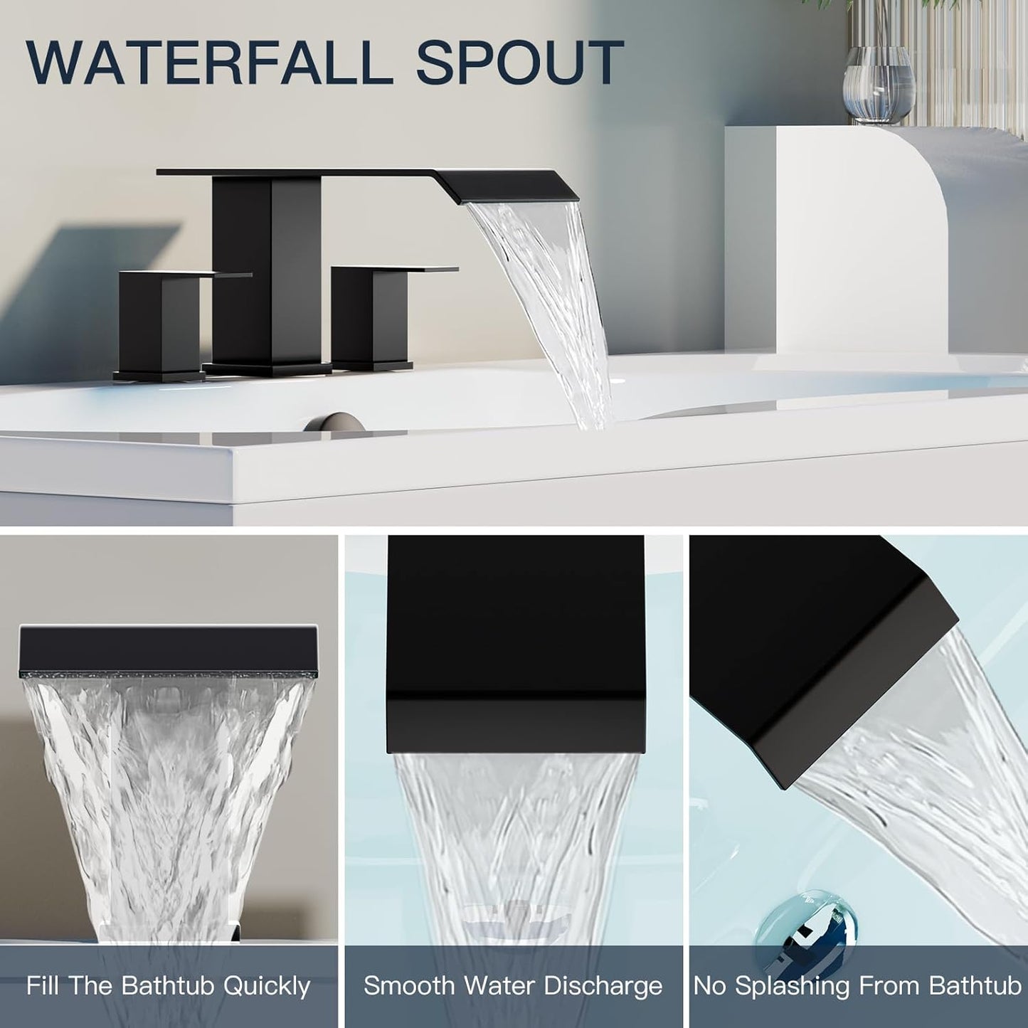 Widespread Waterfall Roman Bathtub Faucet Tub Filler, 2 Handle Deck Mount Tub Faucet Set High Flow, Solid Stainless Steel Soaking Tub Faucet 3 Hole Bathtub Faucets, Matte Black