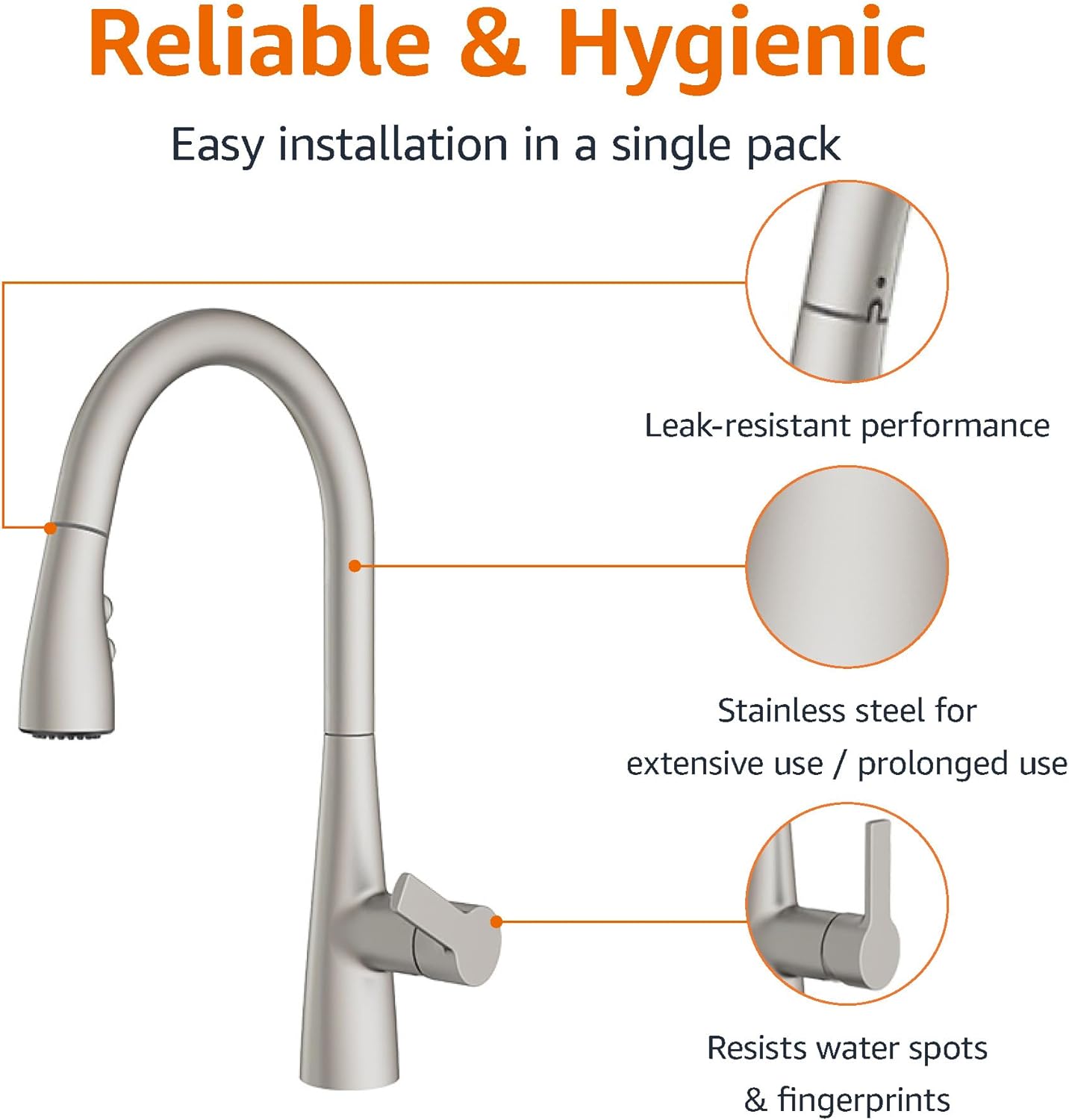 Amazon Basics Kitchen Faucet, Pull-Down Sink with Fast Mount, Spot-Free Stainless Finish, 1-Pack