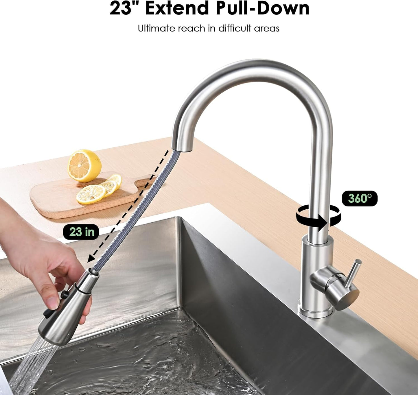 Kitchen Faucet with Pull Down Sprayer, High Arc Brushed Nickel Single Handle Kitchen Sink Faucet, Stainless Steel, 3 Mode(Stream/Spray/Pause), 360° Swivel, Grifos para Fregaderos de Cocina