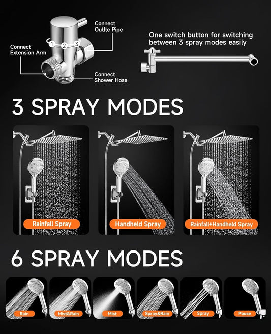 10 inch Rainfall Shower Head Combo Stainless Steel, THE FIRST WATERFALL mode, 10 Inch Rain Shower Head with Handheld 6 Spray Modes High Pressure, Overhead Shower Adjustable Extension Arm,Chrome