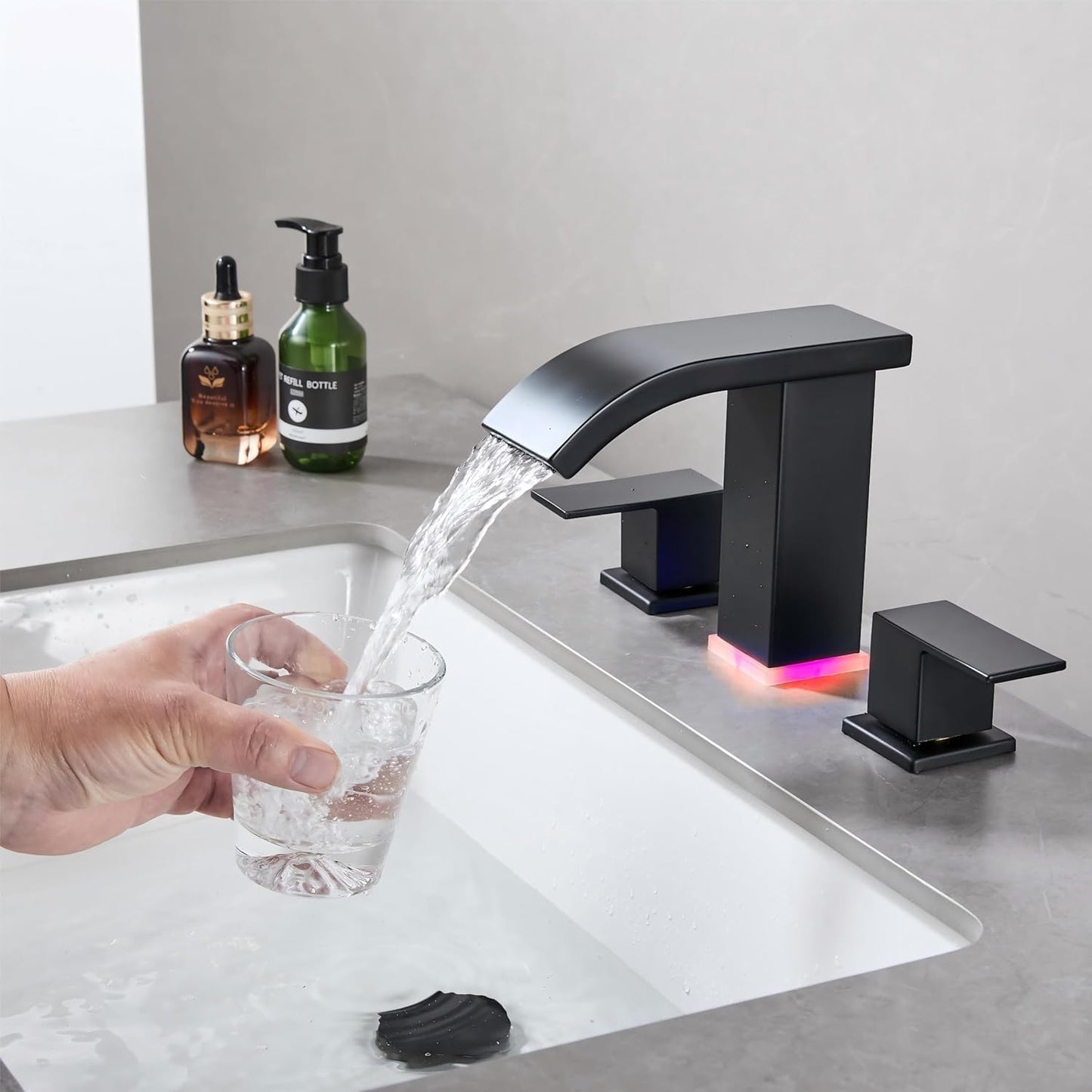 Bathroom Faucets 8 Inch Widespread Bathroom Sink Faucet Two Handles Black Bathroom Faucet 3 Hole Waterfall Vanity Sink Faucet for 3 Hole with LED Light with Pop Up Drain