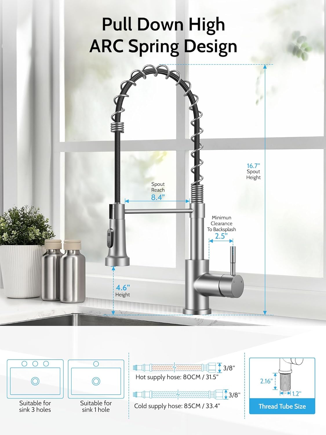 Kitchen Faucet with Pull Down Sprayer, High Arc Single Hole Single Handle Kitchen Sink Faucet with Sprayer for RV Camper, Brushed Nickel