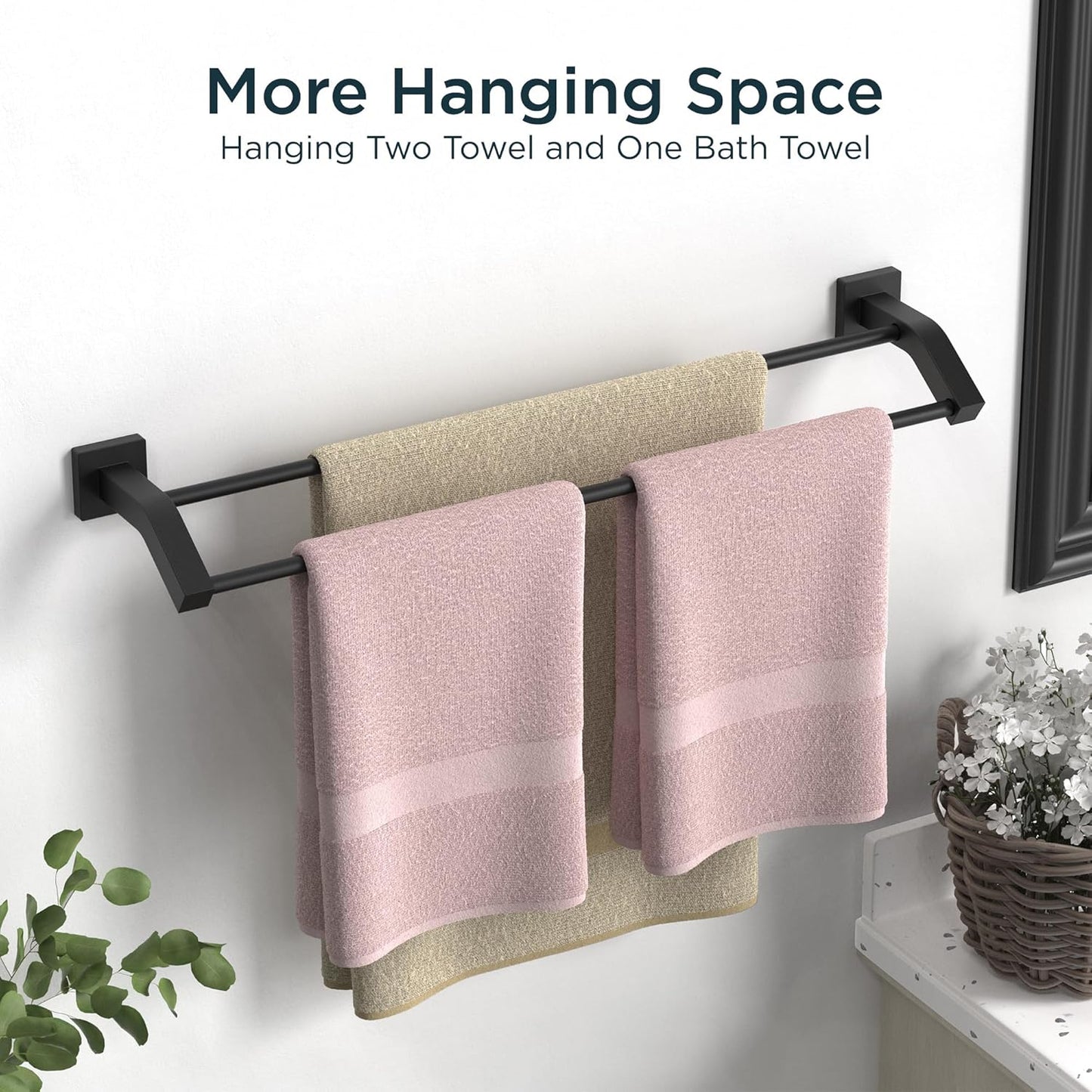 FORIOUS Double Towel Bar, 24 Inch Dual Towel Racks for Bathroom Wall Mounted, Thicken SUS304 Stainless Steel Bath Square Towel Rod Towel Holder Rail, Matte Black