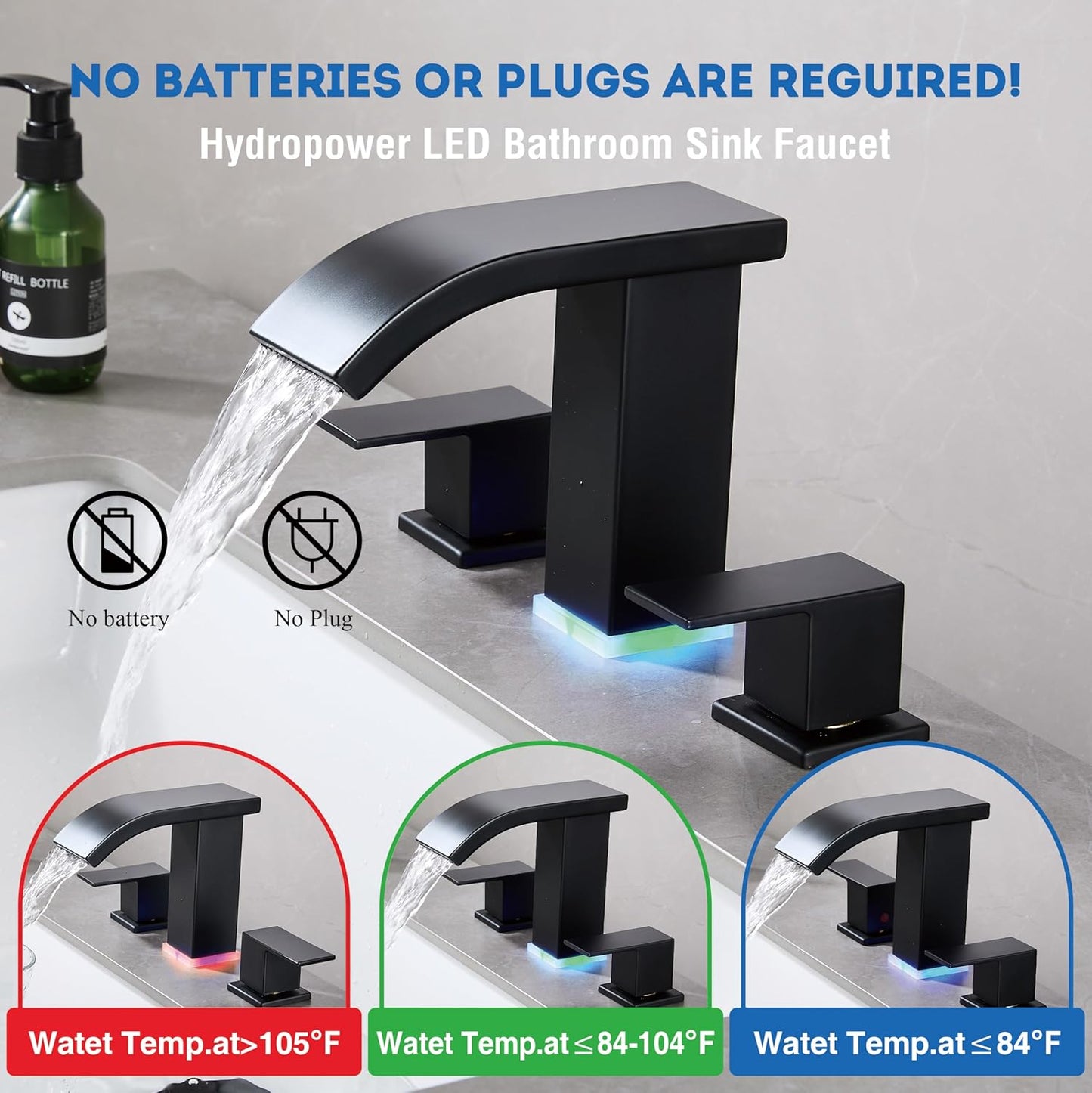 Bathroom Faucets 8 Inch Widespread Bathroom Sink Faucet Two Handles Black Bathroom Faucet 3 Hole Waterfall Vanity Sink Faucet for 3 Hole with LED Light with Pop Up Drain