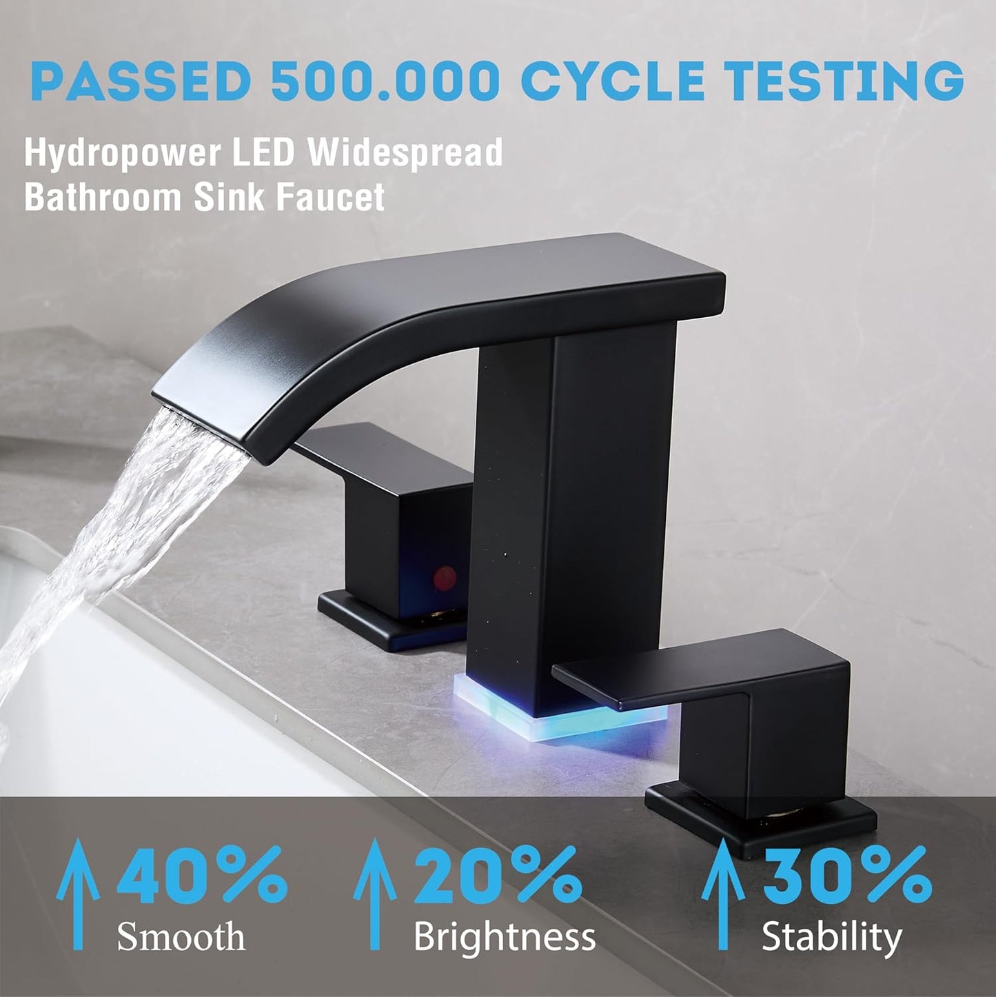 Bathroom Faucets 8 Inch Widespread Bathroom Sink Faucet Two Handles Black Bathroom Faucet 3 Hole Waterfall Vanity Sink Faucet for 3 Hole with LED Light with Pop Up Drain