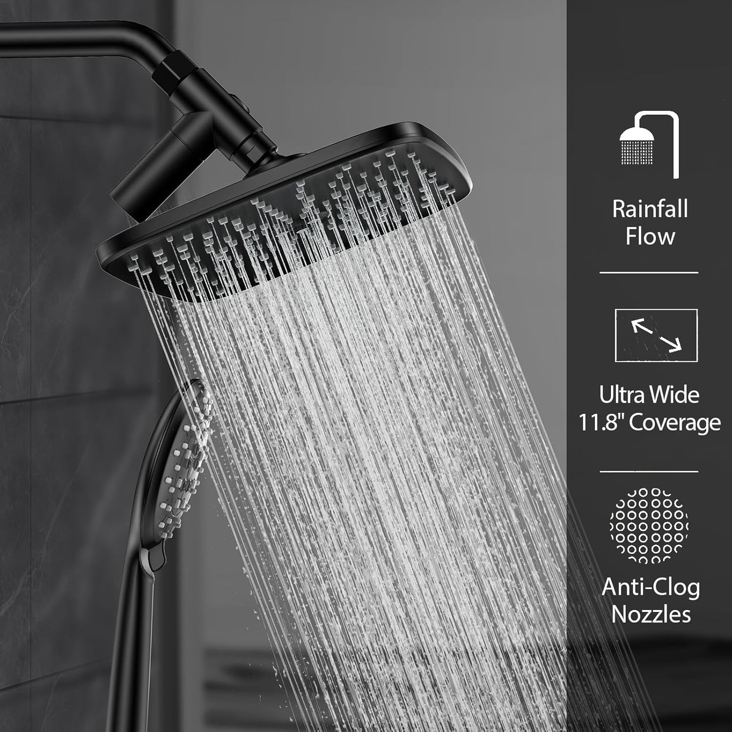 Veken 11.8 Inch Rain Shower Head with Handheld- High Pressure Dual Shower Heads with 5 Modes Handheld Spray Combo- Wide Rainfall Showerhead with Hose, Bathroom Accessories, Matte Black