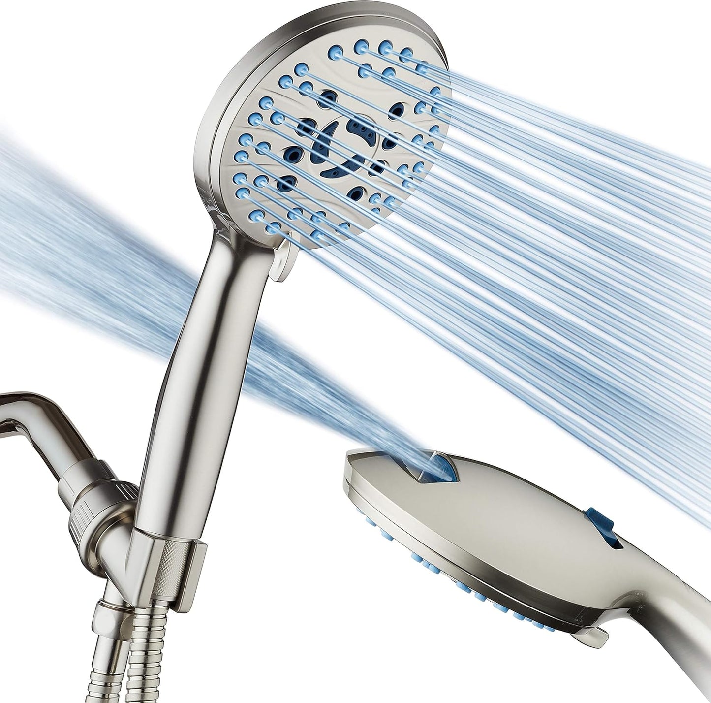 AquaCare High Pressure 8-mode Handheld Shower Head - Anti-clog Nozzles, Built-in Power Wash to Clean Tub, Tile & Pets, Extra Long 6 ft. Stainless Steel Hose, Wall & Overhead Brackets