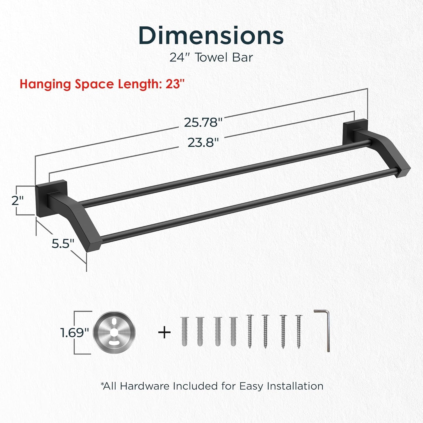 FORIOUS Double Towel Bar, 24 Inch Dual Towel Racks for Bathroom Wall Mounted, Thicken SUS304 Stainless Steel Bath Square Towel Rod Towel Holder Rail, Matte Black