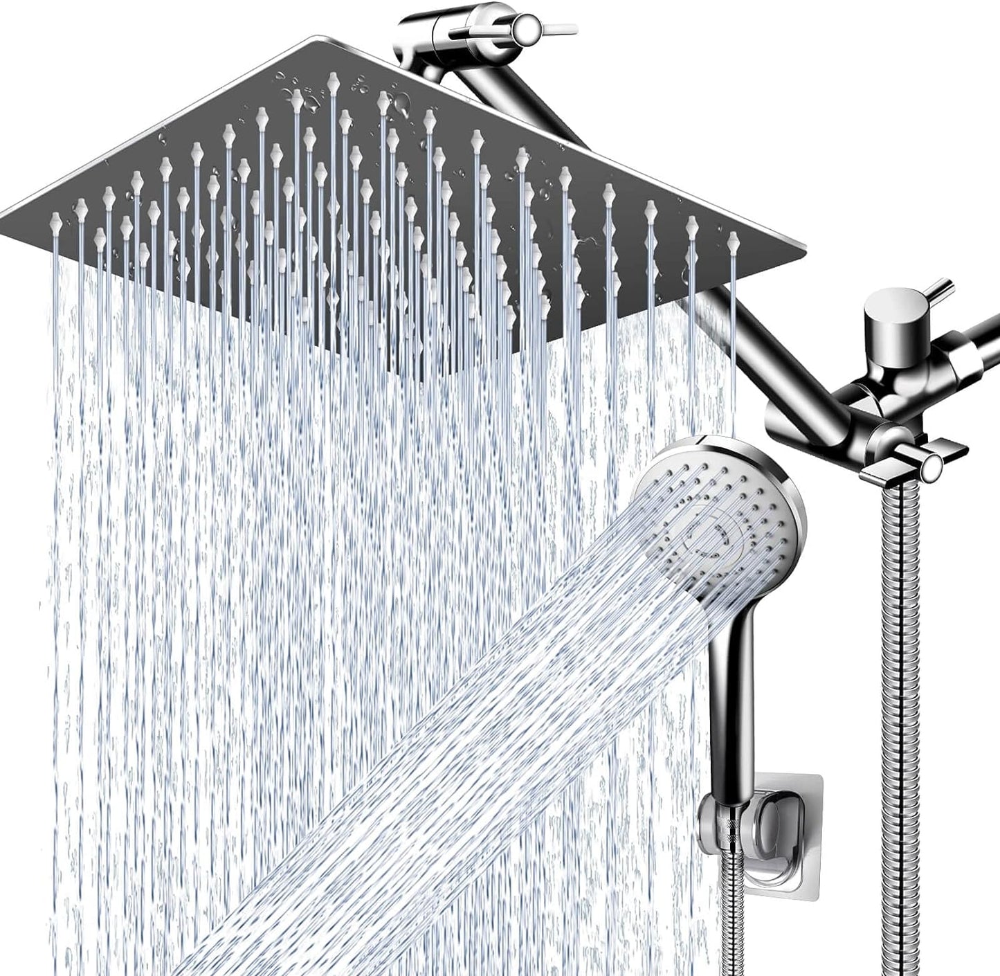 Shower Head Combo,10 Inch High Pressure Rain Shower Head with 11 Inch Adjustable Extension Arm and 5 Settings Handheld ,Powerful Shower Spray Against Low Pressure Water with Long Hose