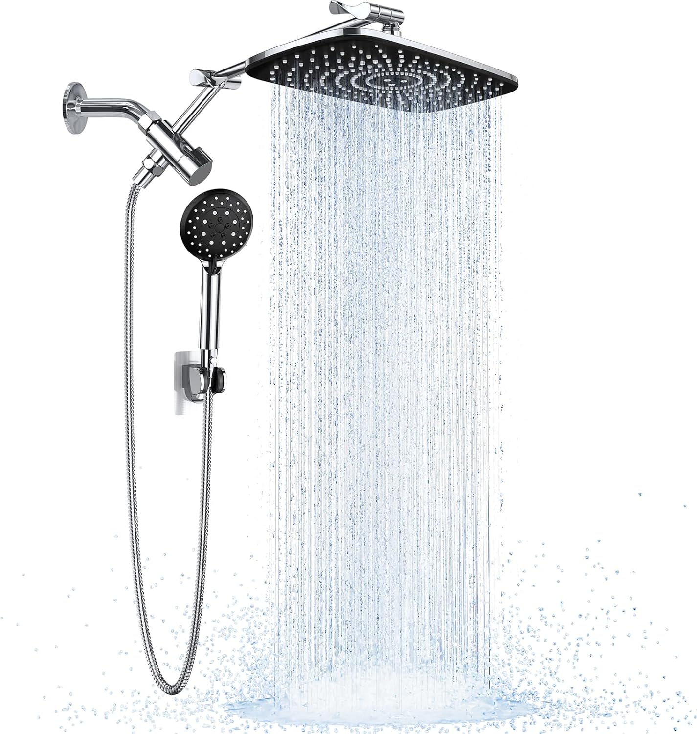 Veken Wide Rain Shower Head with 6 Modes Handheld Water Spray,High Pressure Showerhead Combo with Arm for Bathroom Accessories,Home Decor Detachable Dual Shower with Anti-Clog Nozzles,Silver Chrome