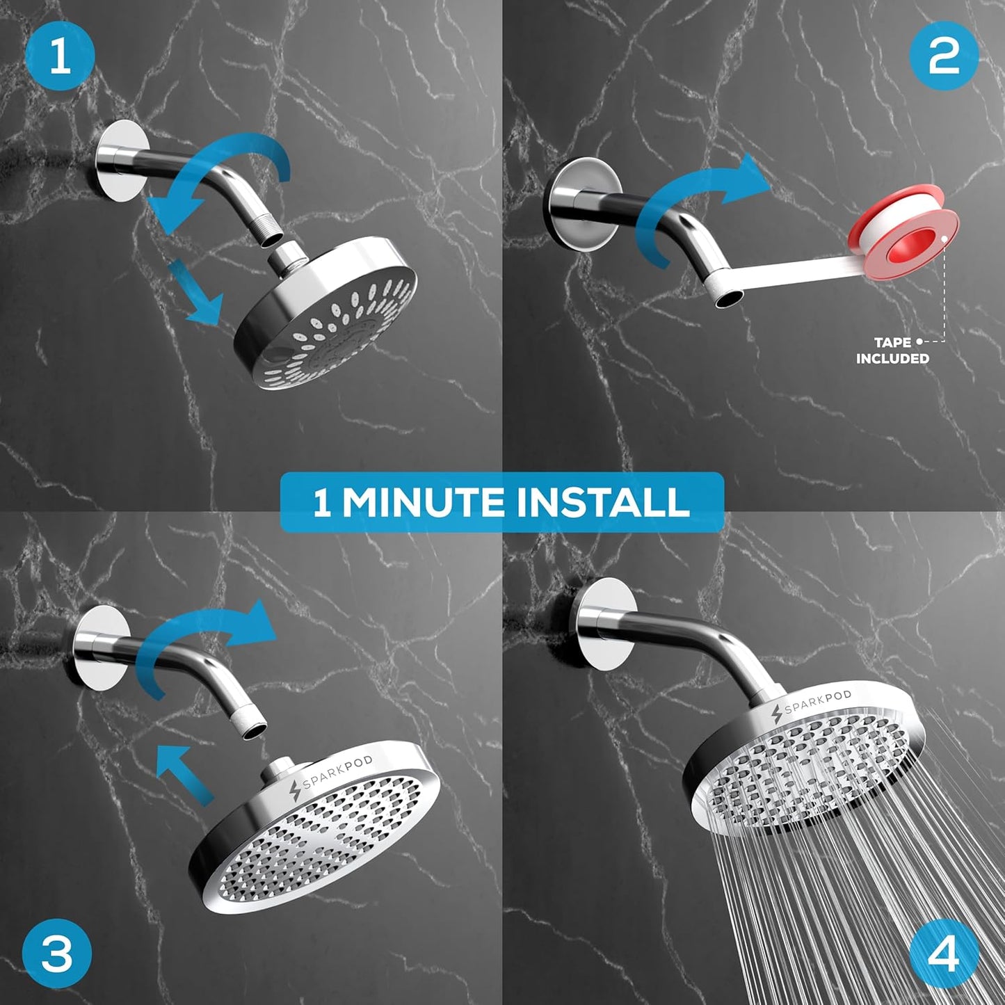 SparkPod Shower Head - High Pressure Rain - Premium Quality Luxury Design - 1-Min Install - Easy Clean Adjustable Replacement for Your Bathroom Shower Heads (Luxury Polished Chrome, 6 Inch Round)