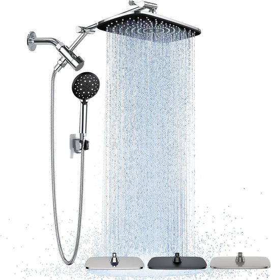 Veken Wide Rain Shower Head with 6 Modes Handheld Water Spray,High Pressure Showerhead Combo with Arm for Bathroom Accessories,Home Decor Detachable Dual Shower with Anti-Clog Nozzles,Silver Chrome